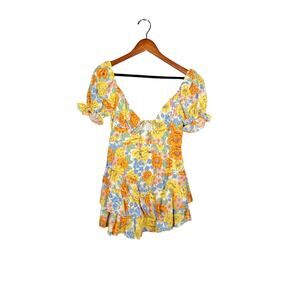 Hello Molly Floral Dress Medium/6 Yellow with Shorts Ruffled Ties Mini Summer